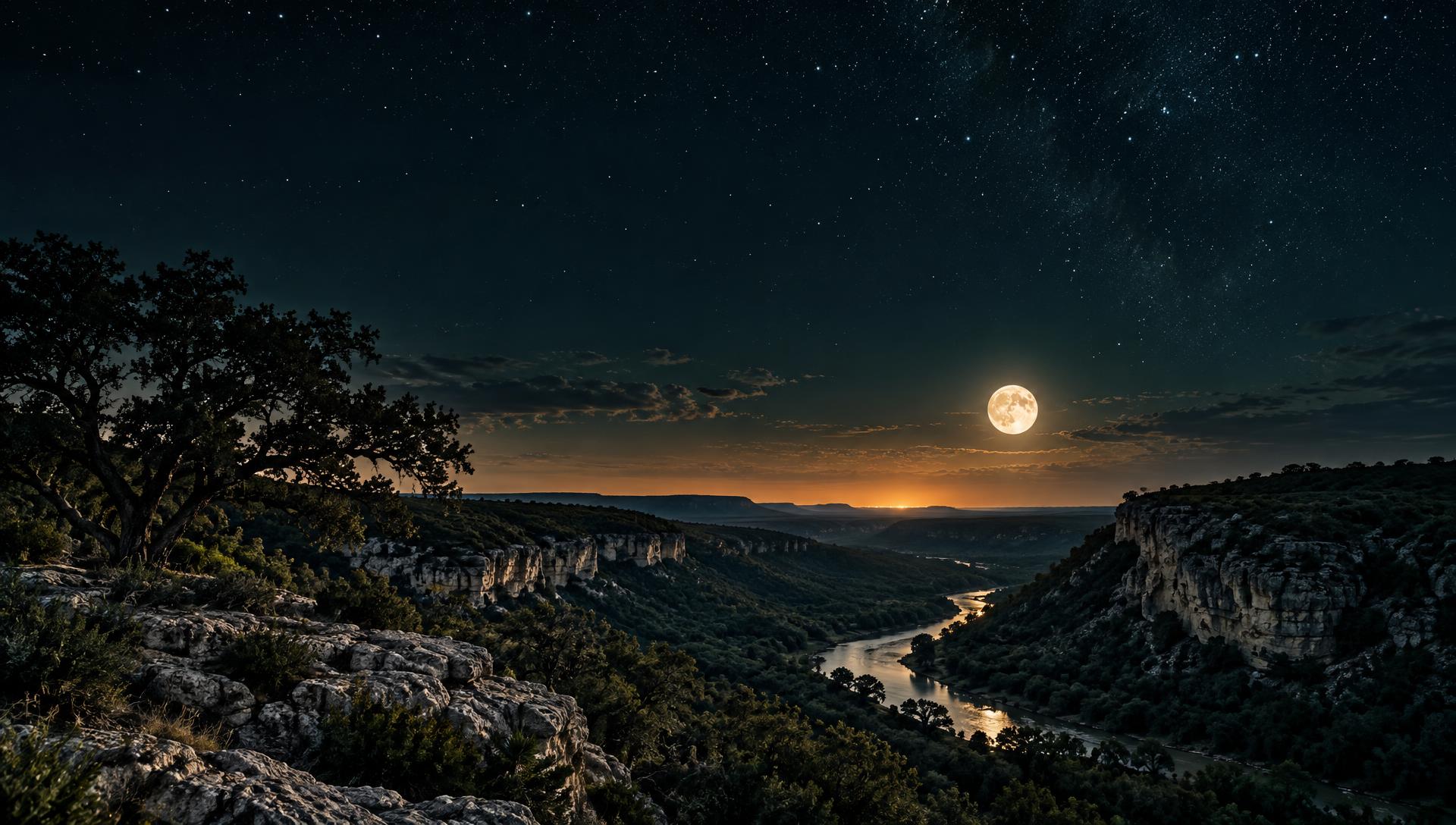 Illustrative moonlit Hill Country canyon and river