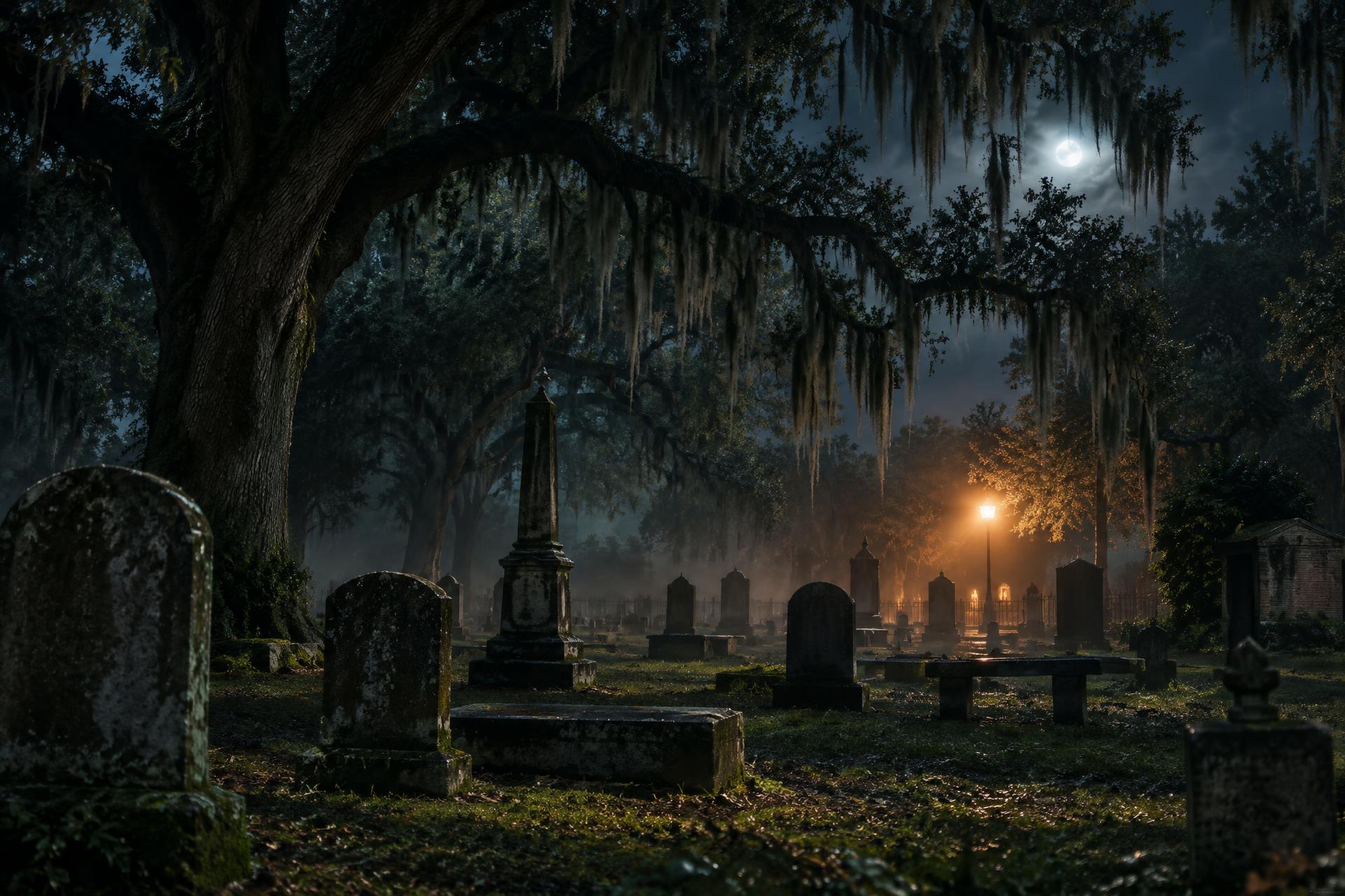 Illustrative small-town cemetery under live oaks at night