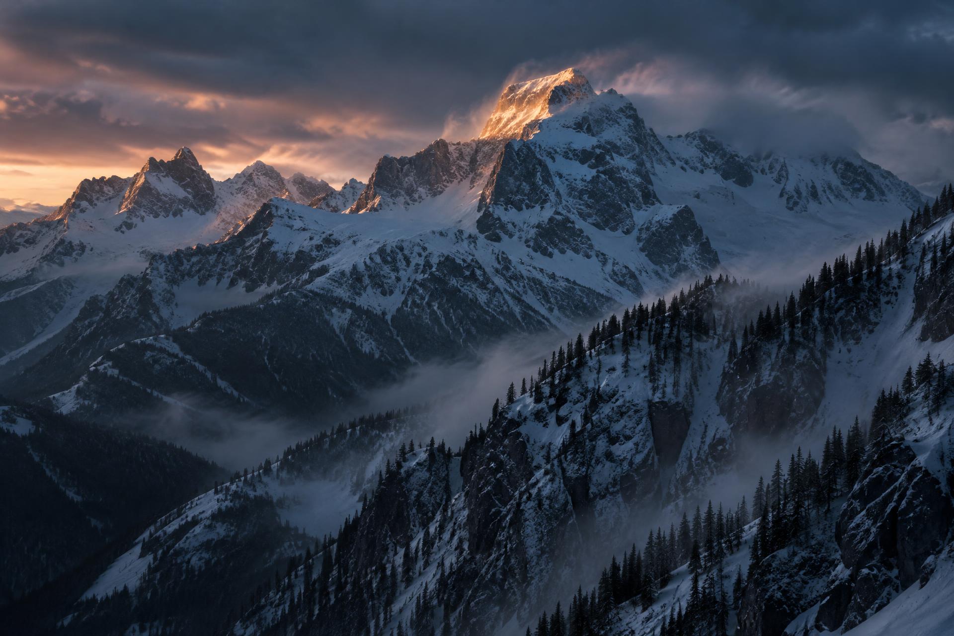 Illustrative snow-covered mountains and pine forest at dusk